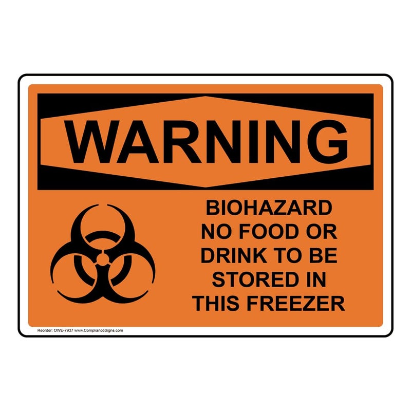 ComplianceSigns.com Warning Biohazard No Food Or Drink To Be Stored In This Freezer OSHA Safety Label Decal, 5x3.5 in. 4-Pack Vinyl - Image 1